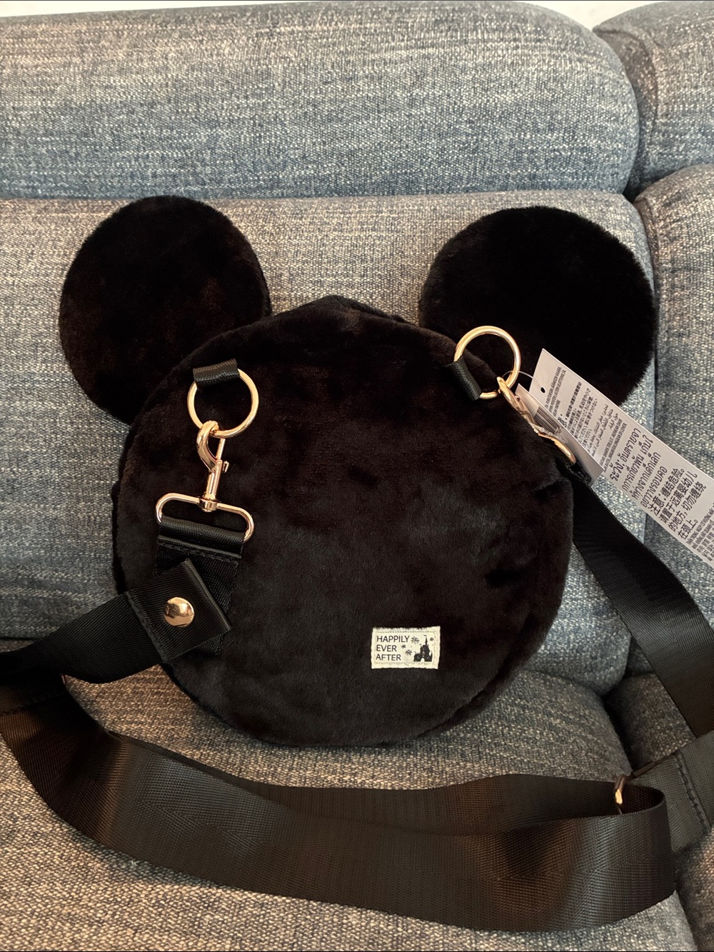 NWT Disney Black Plush Ear Crossbody Bag with Gold zipper Happily Ever After